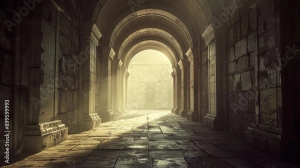 Fototapeta A mysterious stone archway leads to a bright, sunlit path. The light at the end of the tunnel beckons the viewer forward.