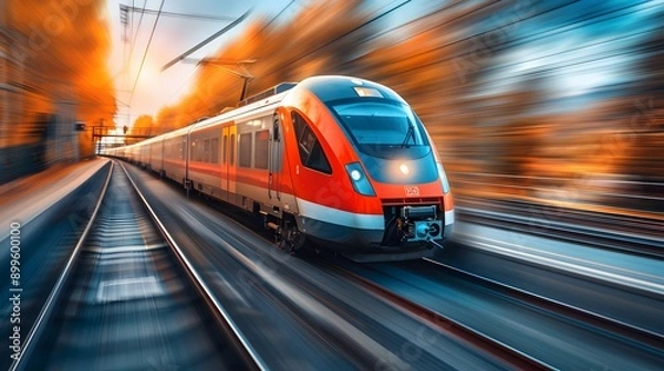 Fototapeta Dynamic Motion. Train in motion speeding along tracks enhanced by motion.