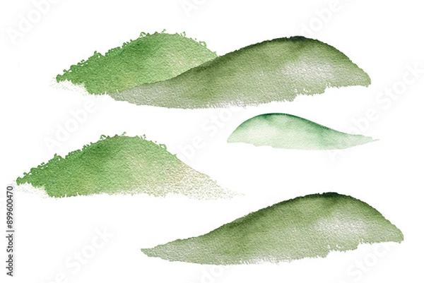 Obraz Collection of watercolor green mountains and hills, landscape constructor for landscape design. Watercolor illustration hand drawn