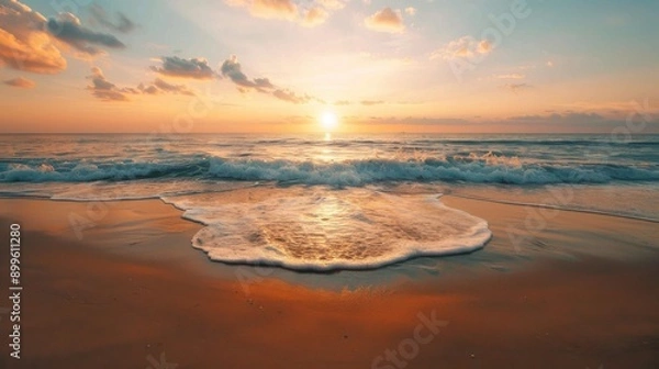 Fototapeta Golden sunset over waves crashing on the beach with dramatic clouds in the sky, creating a stunning coastal scene.