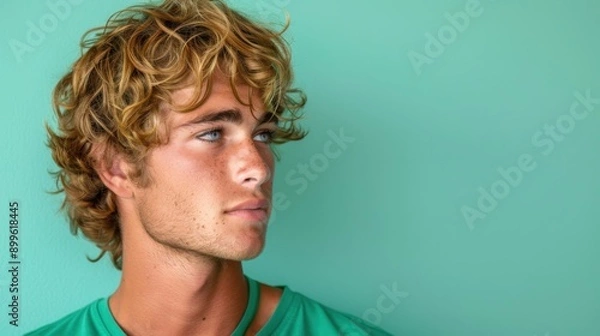 Obraz Portrait of a young man with curly blonde hair and a green shirt, looking thoughtful against a teal background.