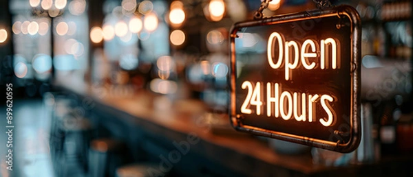 Fototapeta A cozy restaurant with a glowing 'Open 24 Hours' sign, inviting customers for late-night dining and a welcoming atmosphere in a dimly lit setting.
