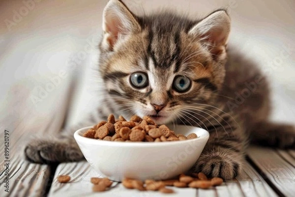 Fototapeta A small, brown tabby kitten with blue eyes sits beside a bowl of dry kibble, looking intently at the food with its tongue slightly out