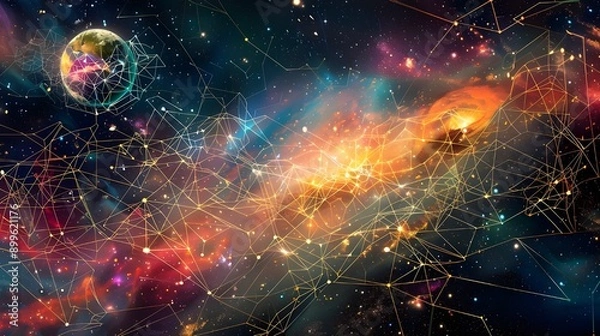 Obraz A vibrant cosmic scene depicted in digital art, showcasing a colorful explosion of data points and network connections, symbolizing chaotic yet structured digital communication.

