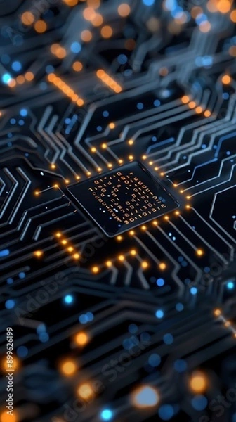 Fototapeta Intricate circuit board design with glowing lights, representing advanced technology and electronic innovation.