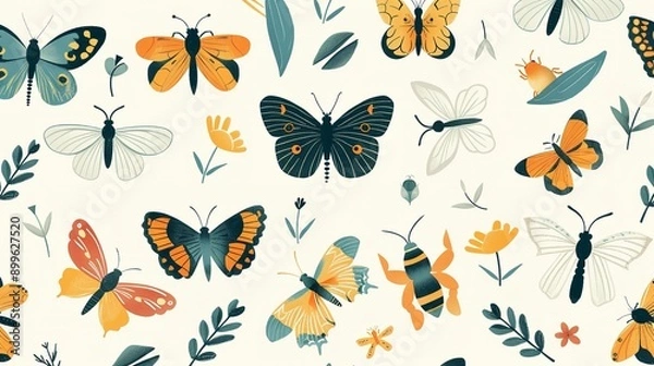Fototapeta Flat illustration of insects like butterflies and bees in a seamless pattern for a nature-inspired design.
