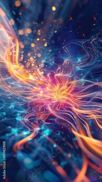 Fototapeta A captivating abstract image showcasing swirling energy waves with vibrant light streaks in orange and blue hues. The fluid movement and glowing lines create a sense of dynamic motion, making it ideal