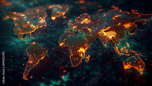 Fototapeta Digital World Map with Glowing Connections, Communications Transport