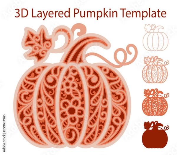 Fototapeta 3D Layered Pumpkin SVG Template for Laser and Paper Cutting Floral Lace Fall Mandala Thanksgiving Day Halloween Patterned Pumpkin Multilayer Cut File