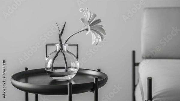 Obraz A black-and-white composition showcasing a minimalist arrangement of a single flower in a glass vase, placed on a round table beside a modern chair, emphasizing simplicity and elegance.