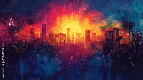 Fototapeta Abstract cityscape silhouette with vibrant colors and dynamic patterns