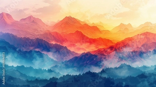 Fototapeta Stunning digital illustration of vibrant mountain landscape with soft gradients, blending warm and cool tones at sunrise, creating a serene atmosphere.