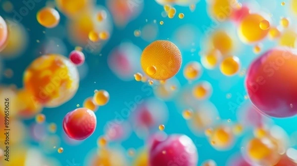 Fototapeta Dynamic and abstract composition featuring vibrant bubbles floating against a blue background. Ideal for use in creative projects and abstract designs.