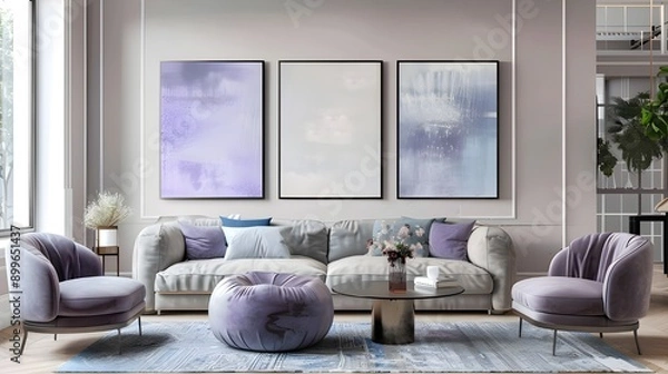 Fototapeta Modern living room featuring serene blue abstract art in a minimalist setting, offering a calming presence with its soft hues and simple lines, perfectly matching the light gray sofa and neutral decor