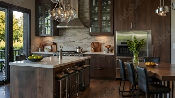 Fototapeta Large, contemporary white kitchen featuring top-notch appliances and a sizable island. Kitchen including a desk, wine cooler, and black leather chair,Gorgeous kitchen detail in a brand-new mansion. 