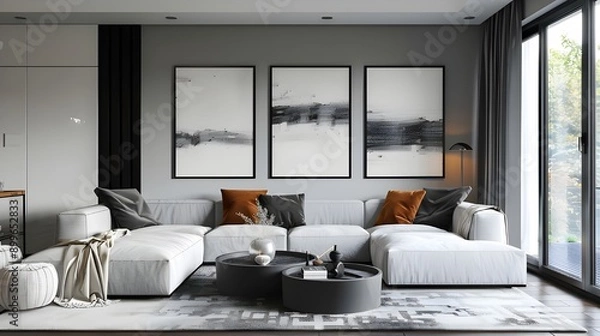 Fototapeta Minimalist living room featuring a set of three black and white abstract paintings above a modern white sofa with black and orange cushions.