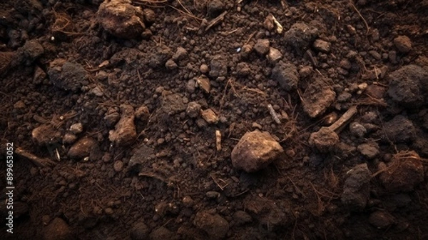 Fototapeta Close-up of Dark Brown Soil with Small Rocks