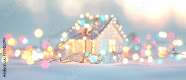 Fototapeta A charming, illuminated house surrounded by colorful festive lights, creating a warm winter atmosphere.