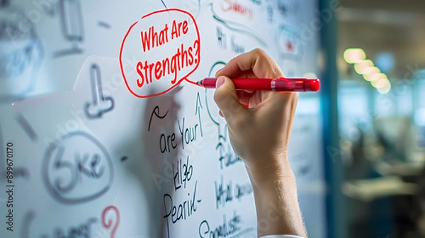 Fototapeta a hand writing the phrase "What Are Your Strengths?" on a whiteboard with a red marker