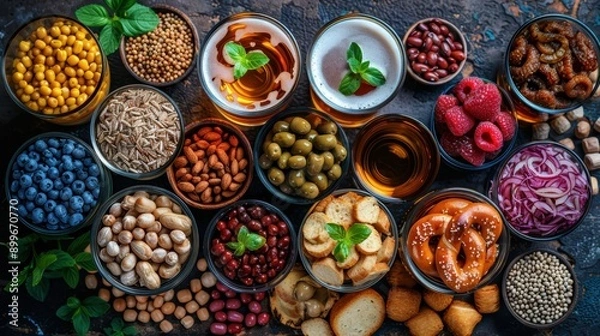 Fototapeta German beer and food, including pretzel, sausages, sauerkraut, and hops, on a rustic table 