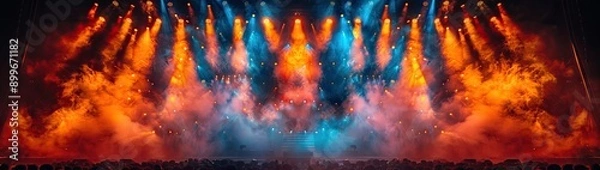 Fototapeta The banner background of an empty stage with colorful spotlights and copy space