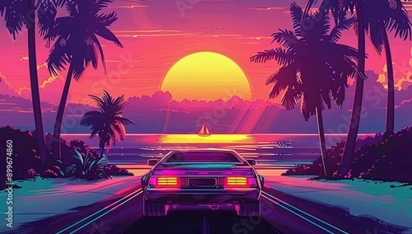 Fototapeta Retro Car Driving Towards Sunset