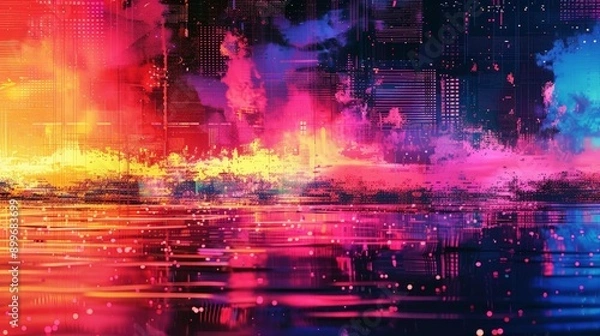 Fototapeta Abstract digital glitch background with pixelated patterns and vibrant colors