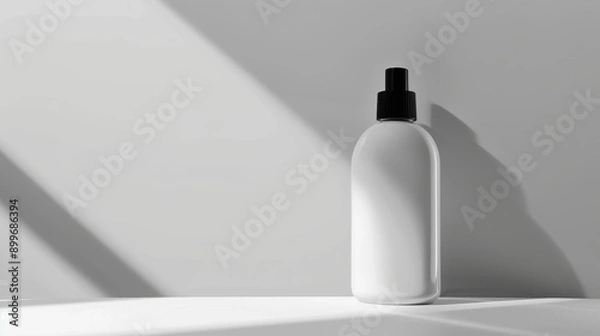 Fototapeta White cosmetic bottle with black dispenser standing on white surface with sunlight and sharp shadows, minimalist concept