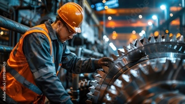 Fototapeta A worker greasing gears in a large machine, ensuring smooth operation and longevity