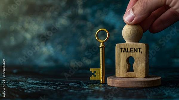 Obraz a wooden figurine with a keyhole, A hand holds a golden key labeled "TALENT," poised to unlock the figure's abilities