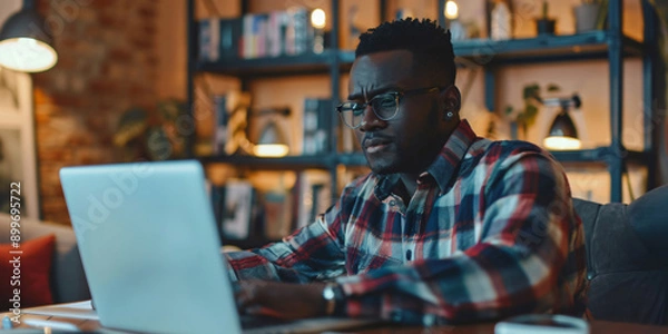 Obraz african man sits at his desk, focused on a video call on his laptop.