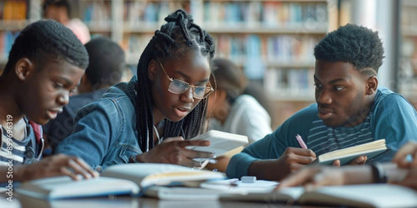 Fototapeta A group of african students are studying together in a library.