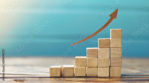Obraz growth and progress through ascending wooden blocks and a curved arrow pointing upward