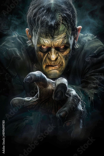 Obraz Frankenstein Monster.  Generated image.  A digital illustration of a  Halloween poster of threatening scary Frankenstein monster, detailed full body, hands reaching, facing the viewer.