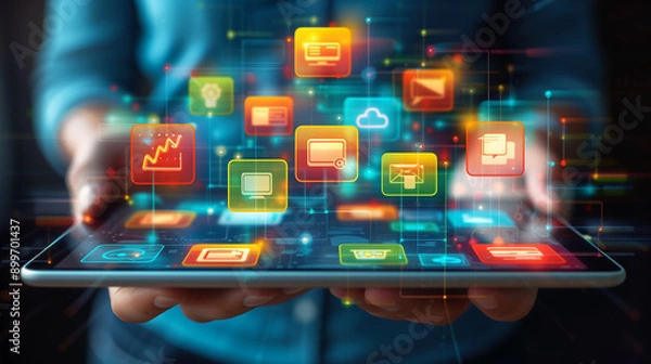 Fototapeta Person Holding Tablet With Colorful App Icons