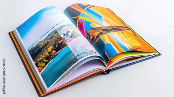 Obraz Open book showing colorful pictures of landscapes, printed on high quality paper with a white background