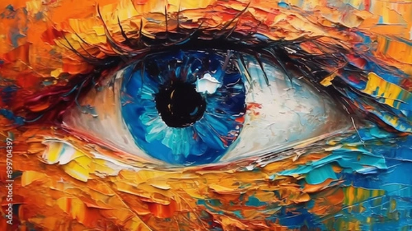 Obraz oil painting. Conceptual abstract picture of the eye. Oil painting in colorful colors. Conceptual abstract closeup of an oil painting and palette knife on canvas, Generative AI.