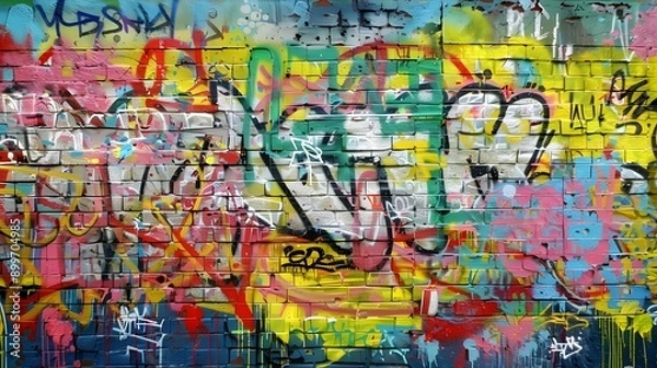 Fototapeta  Vibrant abstract graffiti with chaotic splashes and bold lettering on an urban wall.