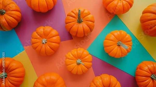 Fototapeta Pumpkins arranged in a circle on a bold, multicolored geometric background