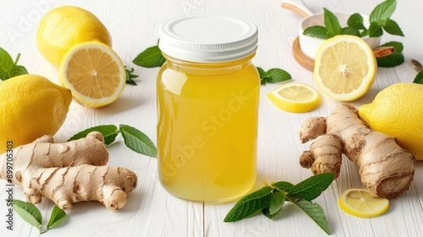 Fototapeta Fresh ginger root and lemon slices beside a jar of honey with a wooden dipper, surrounded by green leaves for natural health benefits