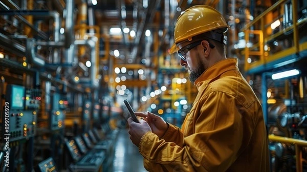 Fototapeta Modern Male Engineer Monitoring System Operations in Refinery Control Room with Digital Displays