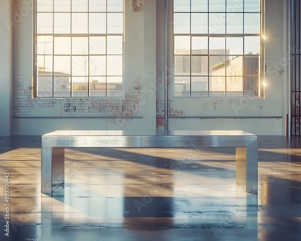Fototapeta Minimalist Metal Table in Industrial Space for Modern Product Display