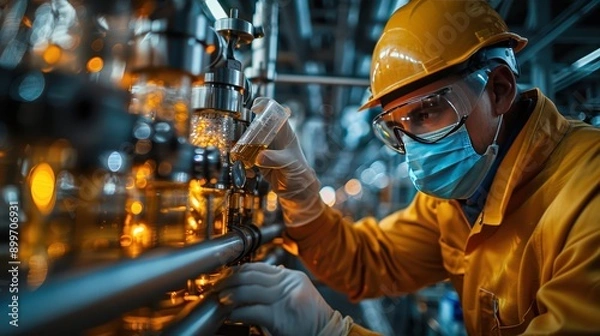 Fototapeta Engineer Conducting Crude Oil Testing in Refinery Lab with Protective Gear