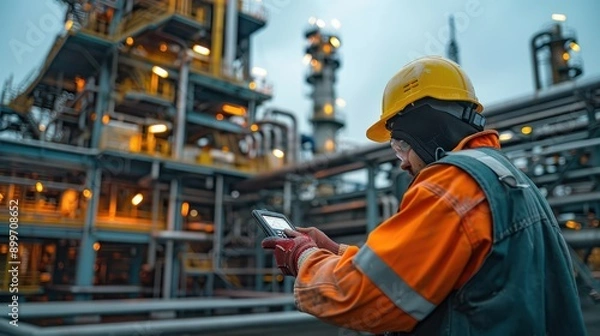 Fototapeta Oil and Gas Industry Worker Monitoring Valve Pressures with Portable Device Amid Industrial Pipelines