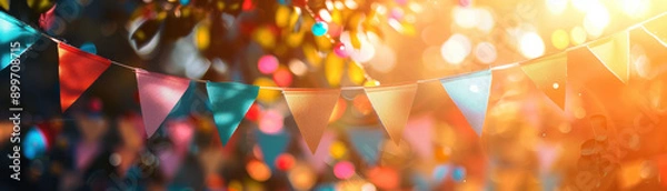 Fototapeta Colorful triangular bunting flags outdoors in sunlight with bokeh effect. Festive and vibrant decoration perfect for celebrations and parties.
