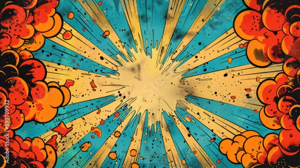Fototapeta Vibrant comic book style explosion with colorful bursts, dynamic rays, and bold graphics, capturing energetic action and drama in a retro pop art design.