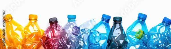 Fototapeta Colorful collection of crumpled plastic bottles in a row, isolated on white background, highlighting waste and recycling concepts in an environmental context.