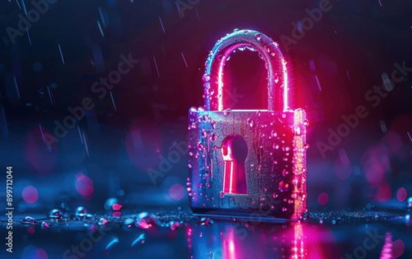 Fototapeta A cyber security concept image featuring a secure lock in neon lighting with raindrops, symbolizing protection and digital safety.