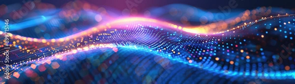 Fototapeta A vibrant wave of illuminated particles creating a dynamic, futuristic visual effect, showcasing vibrant colors and flowing patterns.