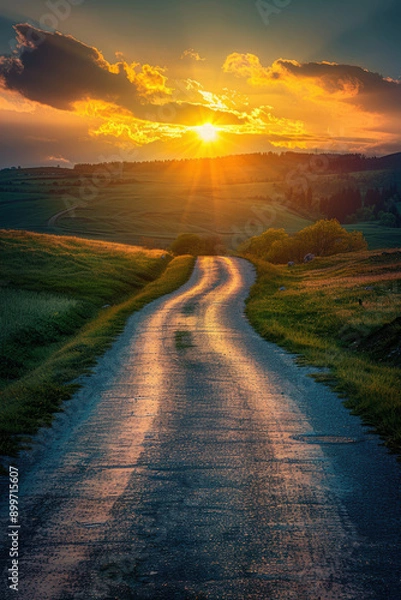 Fototapeta A serene dirt road winds through tranquil countryside hills under a vibrant sunset sky, creating a picturesque and peaceful landscape scene.